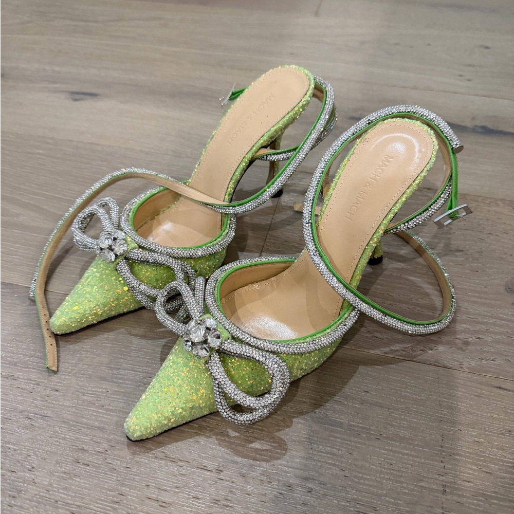MACH & MACH Lime Glitter Heels with Silver Bow - Picture 3 of 4